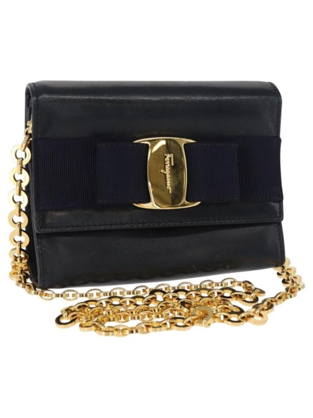 Authentic Salvatore Ferragamo Shoulder Bag Leather Navy Gold